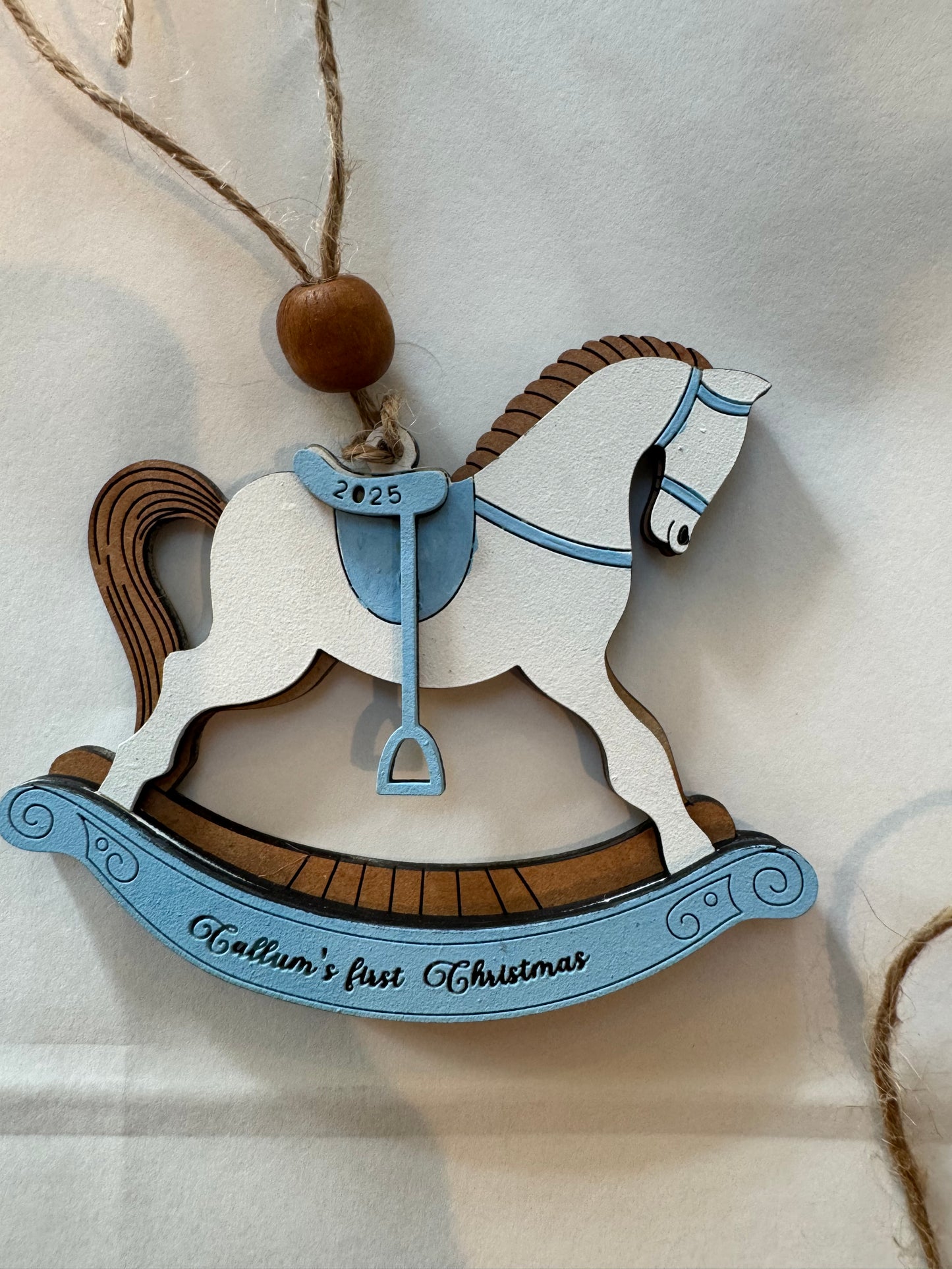 Personalized Baby’s First Christmas Rocking Horse Ornament | Custom Name & Year | Pink or Blue | Wooden Keepsake Gift for Newborn or Baby Shower