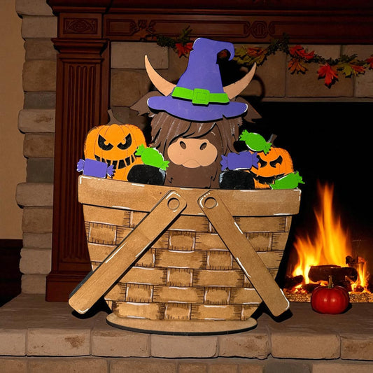 DIY Halloween Highland Cow Basket Shelf Sitter – Wooden Paint Kit