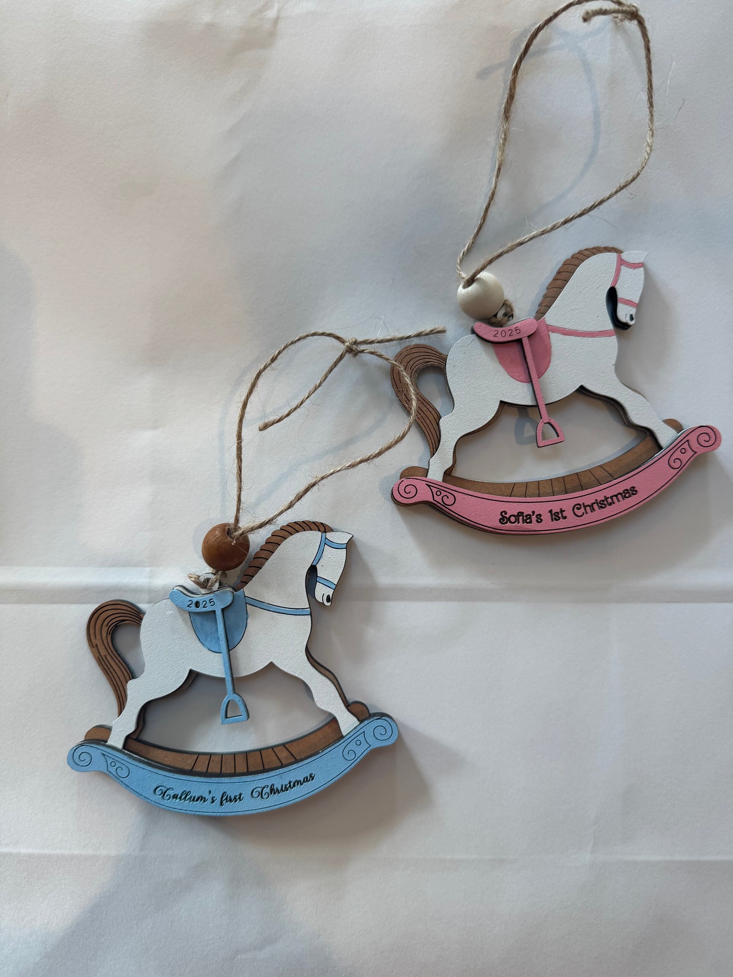 Personalized Baby’s First Christmas Rocking Horse Ornament | Custom Name & Year | Pink or Blue | Wooden Keepsake Gift for Newborn or Baby Shower