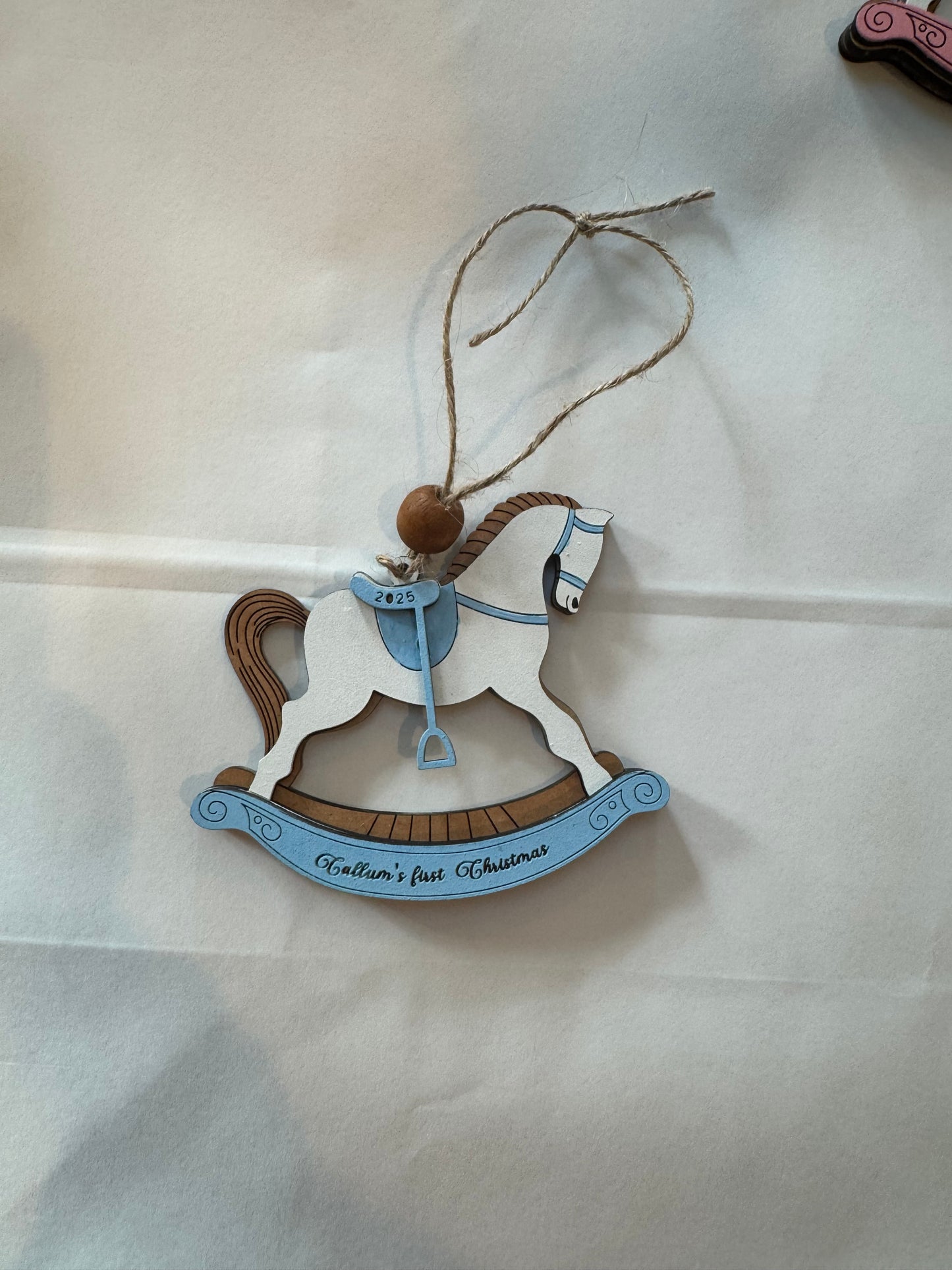 Personalized Baby’s First Christmas Rocking Horse Ornament | Custom Name & Year | Pink or Blue | Wooden Keepsake Gift for Newborn or Baby Shower