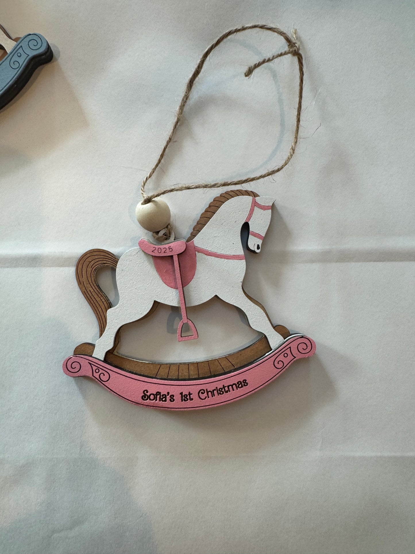 Personalized Baby’s First Christmas Rocking Horse Ornament | Custom Name & Year | Pink or Blue | Wooden Keepsake Gift for Newborn or Baby Shower
