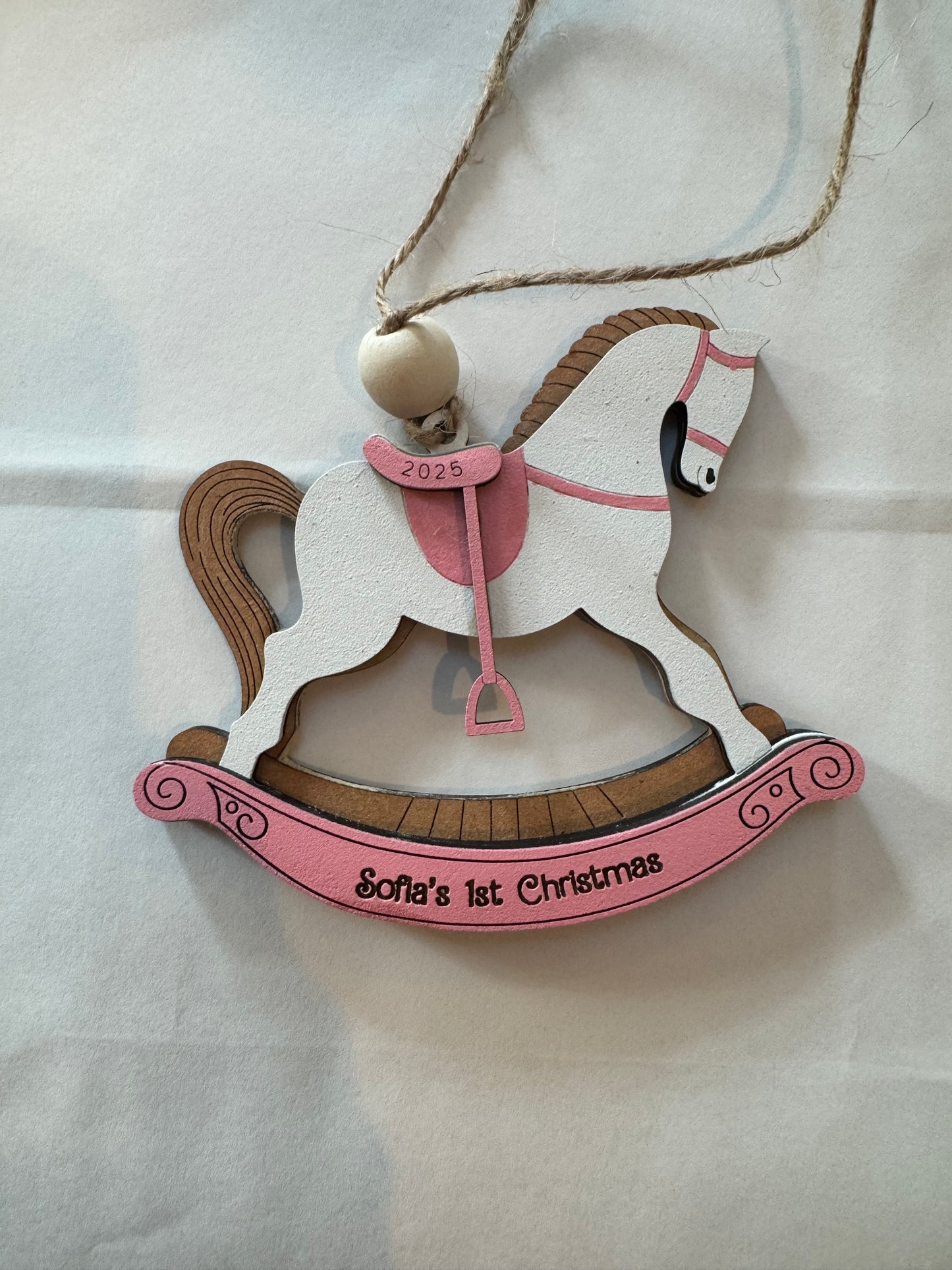 Personalized Baby’s First Christmas Rocking Horse Ornament | Custom Name & Year | Pink or Blue | Wooden Keepsake Gift for Newborn or Baby Shower