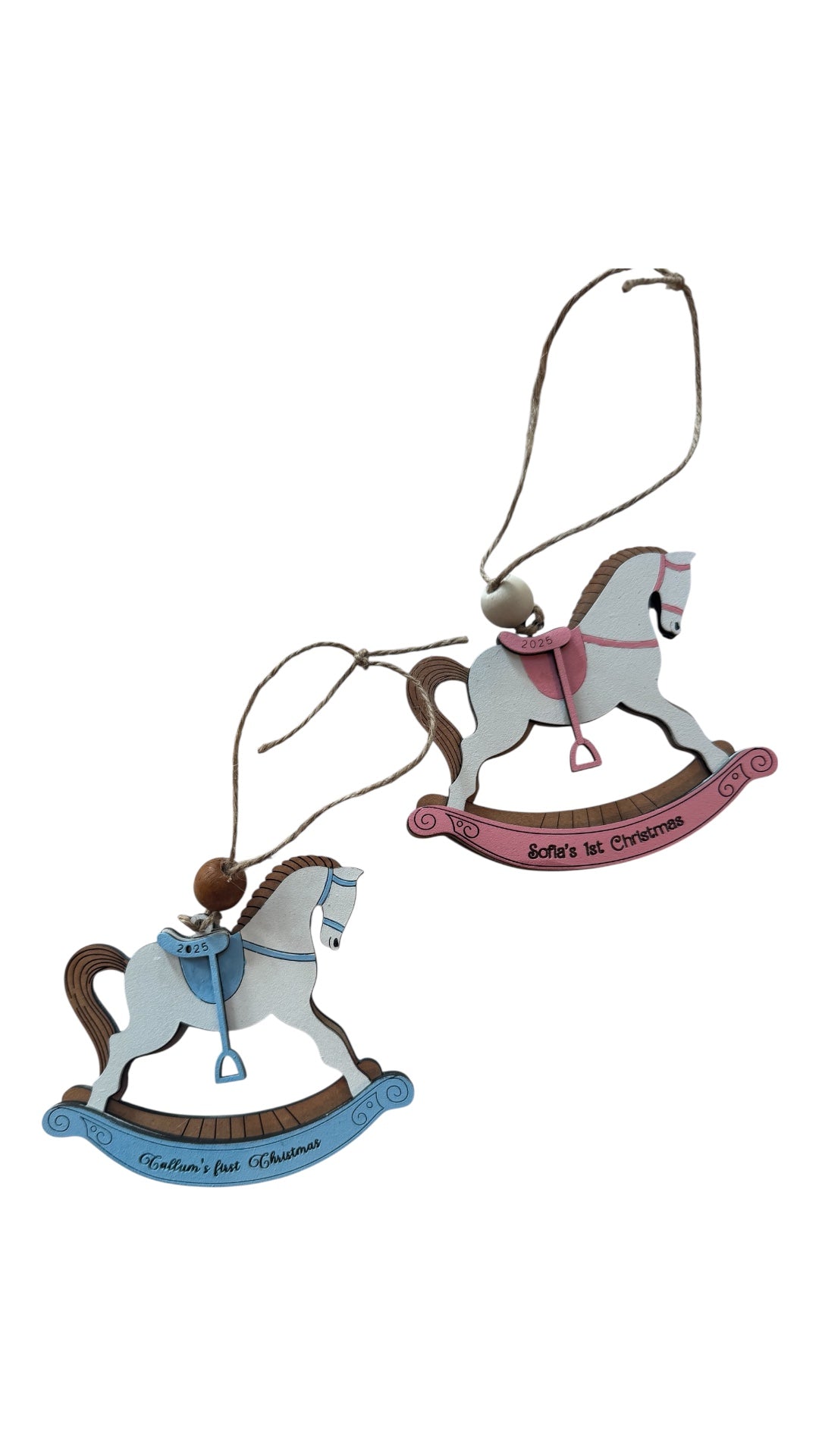 Personalized Baby’s First Christmas Rocking Horse Ornament | Custom Name & Year | Pink or Blue | Wooden Keepsake Gift for Newborn or Baby Shower