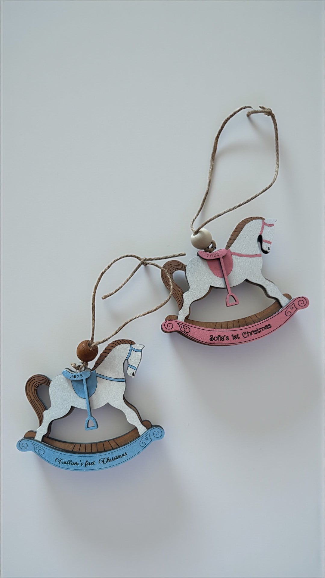 Personalized Baby’s First Christmas Rocking Horse Ornament | Custom Name & Year | Pink or Blue | Wooden Keepsake Gift for Newborn or Baby Shower