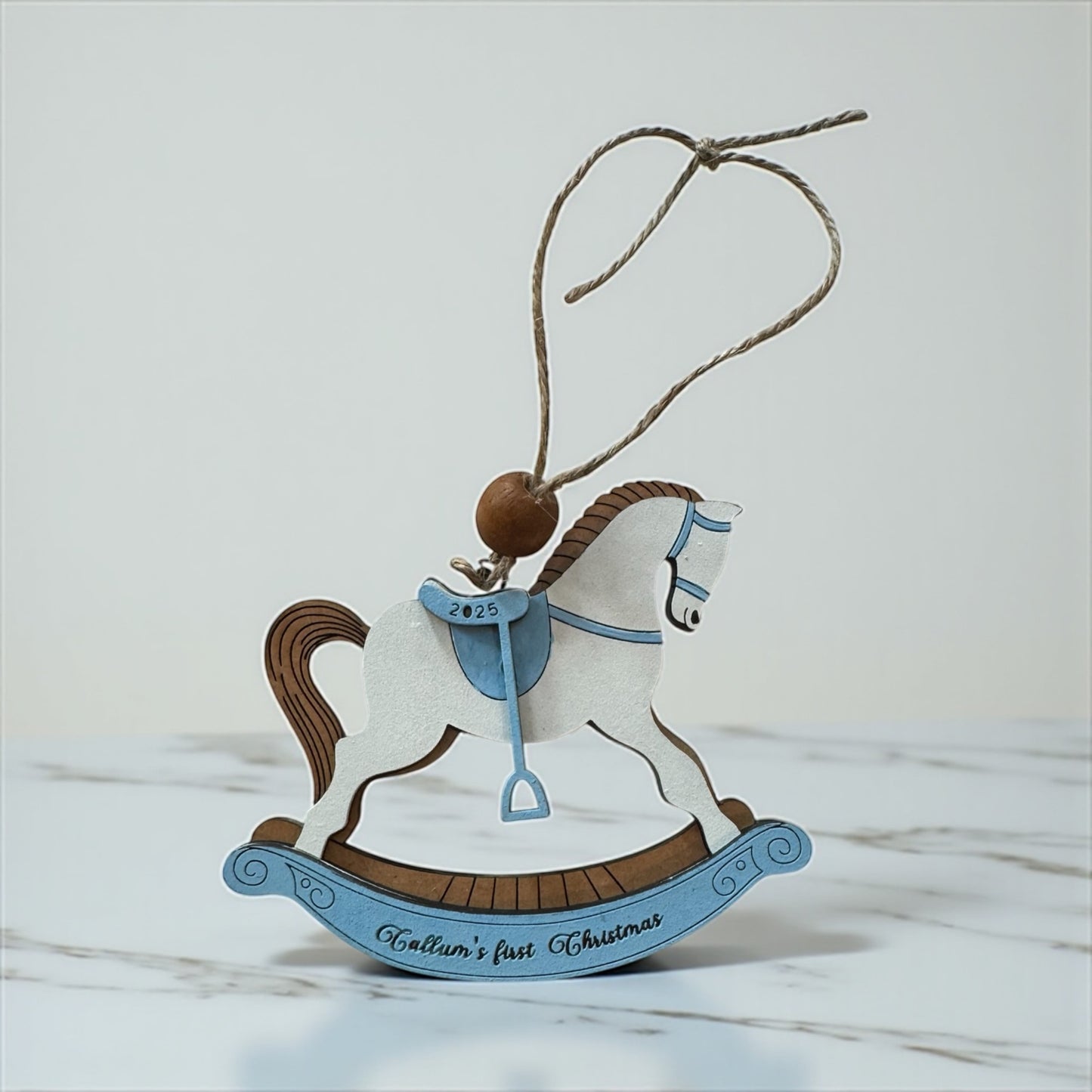 Personalized Baby’s First Christmas Rocking Horse Ornament | Custom Name & Year | Pink or Blue | Wooden Keepsake Gift for Newborn or Baby Shower