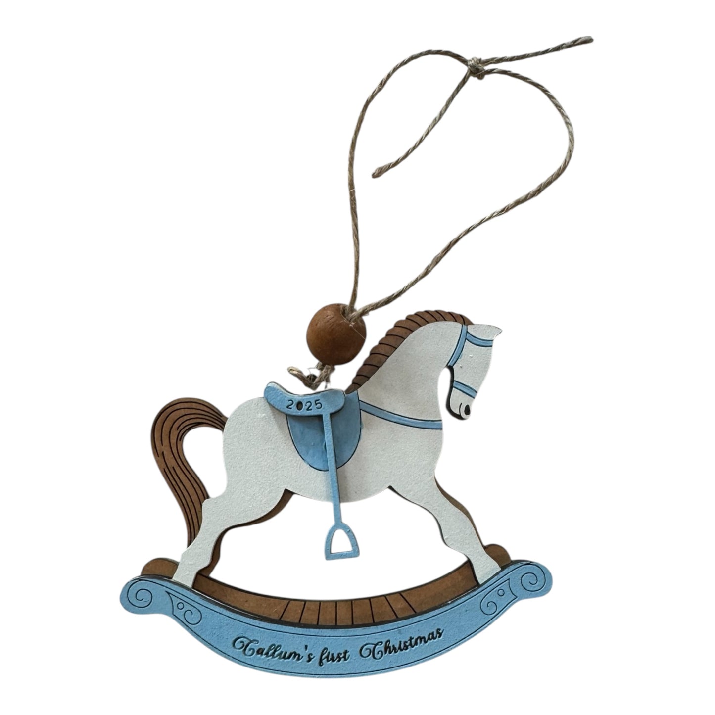 Personalized Baby’s First Christmas Rocking Horse Ornament | Custom Name & Year | Pink or Blue | Wooden Keepsake Gift for Newborn or Baby Shower