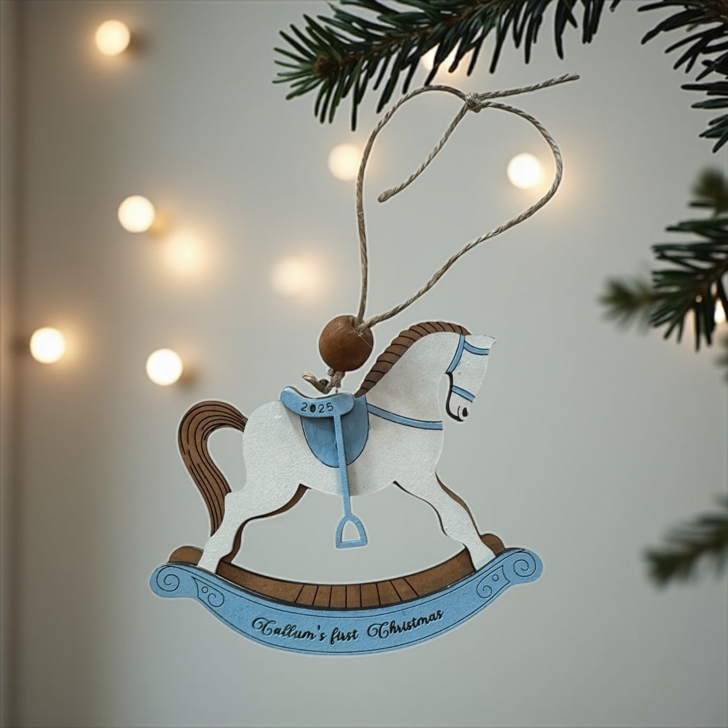 Personalized Baby’s First Christmas Rocking Horse Ornament | Custom Name & Year | Pink or Blue | Wooden Keepsake Gift for Newborn or Baby Shower