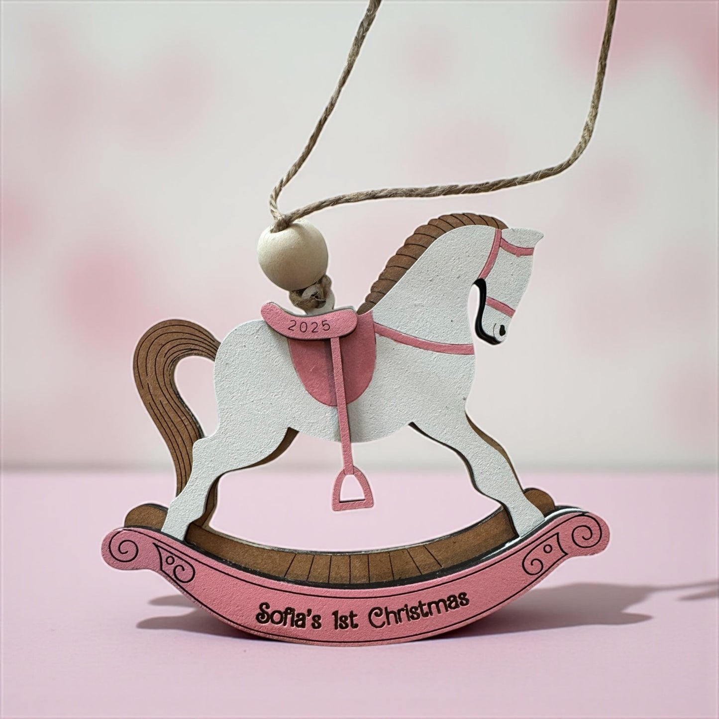 Personalized Baby’s First Christmas Rocking Horse Ornament | Custom Name & Year | Pink or Blue | Wooden Keepsake Gift for Newborn or Baby Shower