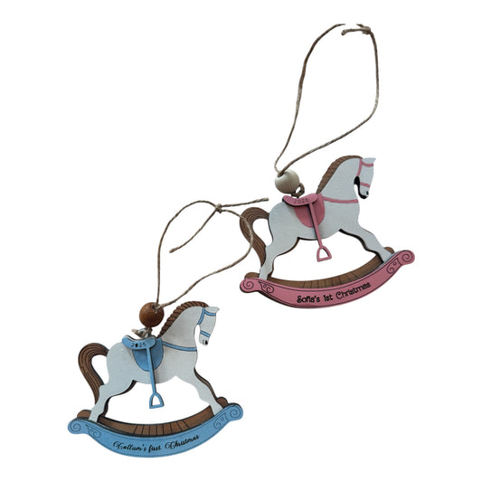 Personalized Baby’s First Christmas Rocking Horse Ornament | Custom Name & Year | Pink or Blue | Wooden Keepsake Gift for Newborn or Baby Shower