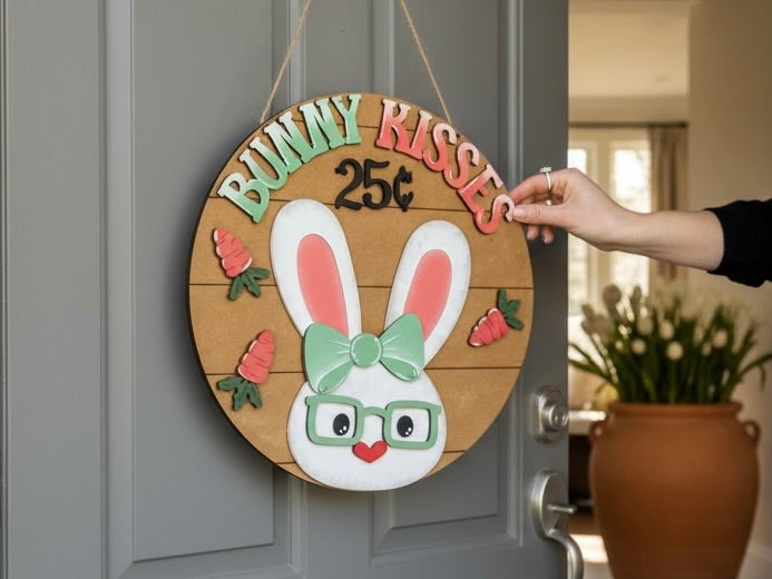 Bunny Kisses Door Hanger | Easter Bunny Door Decor |  | DIY Paint Kit or Finished